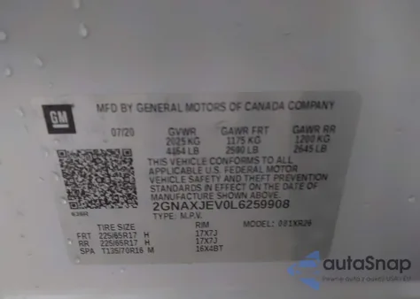 2020 Chevrolet Equinox Fwd 2Fl из США, поврежденный, VIN 2GNAXJEV0L6259908